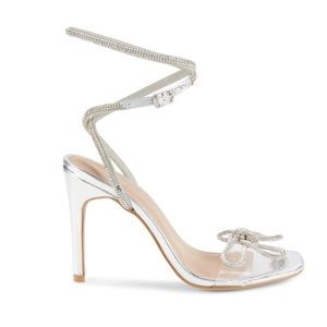 BCBGENERATION Illara Crystal Embellished Bow Ankle Strap Sandals Silver Size 6
